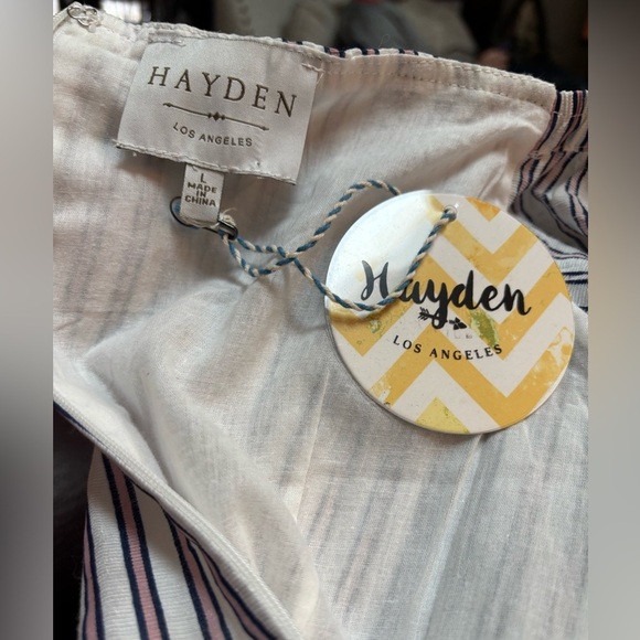 HAYDEN L.A. LACE UP ON OFF SHOULDER PUFF SLEEVE PINK STRIPE MINI DRESS SZ L NWT - Picture 10 of 13